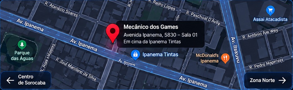 Mapa com a localização do Mecânico dos Games: Avenida Ipanema, 5830 – Sala 01, Em cima da Ipanema Tintas, Sorocaba, SP