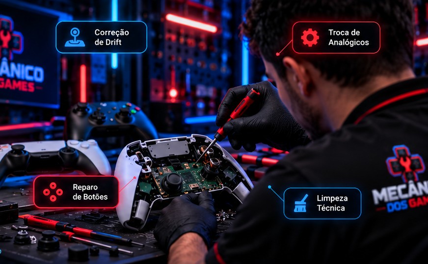 Controle DualSense aberto sobre bancada com ferramentas e componentes