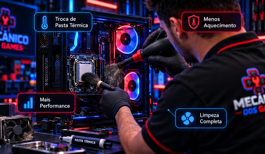 Técnico limpando componentes de PC Gamer com pincel e soprador