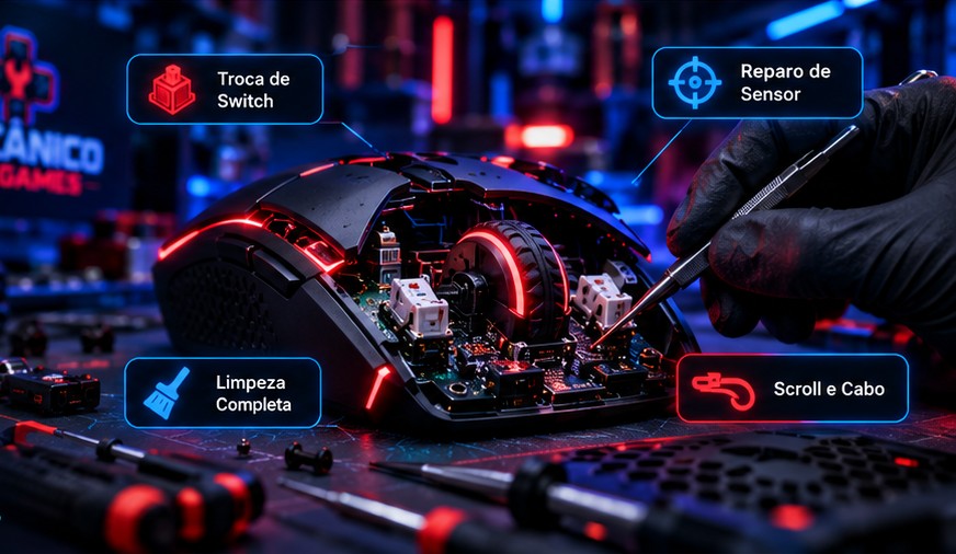 Mouse gamer aberto mostrando os componentes internos e ferramentas de precisão