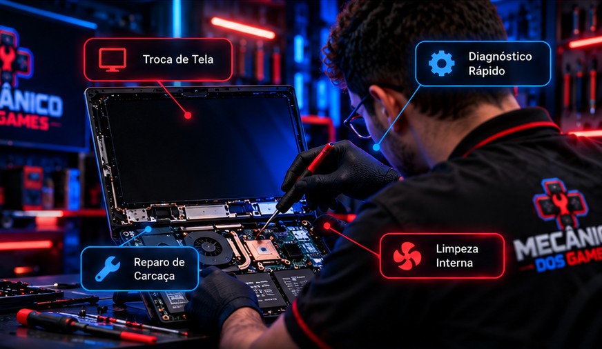 Notebook aberto sobre bancada técnica com profissional trabalhando nos componentes