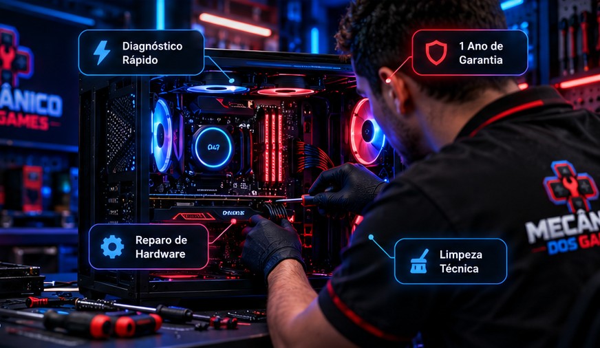 Técnico realizando manutenção em gabinete gamer aberto com componentes RGB