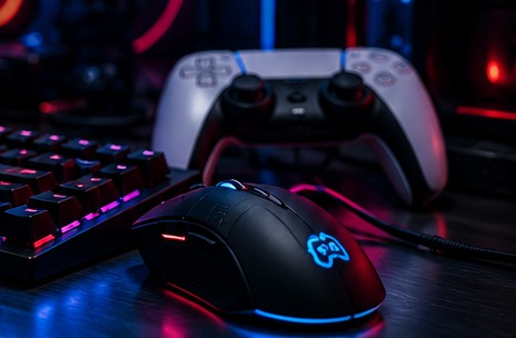 Mouse gamer, teclado mecânico e controle sobre a mesa